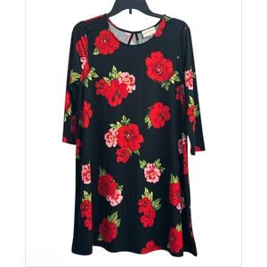 Bobbie Brooks Black Red Floral Flowy Tunic Dress 3/4 Sleeves Womens Size Medium